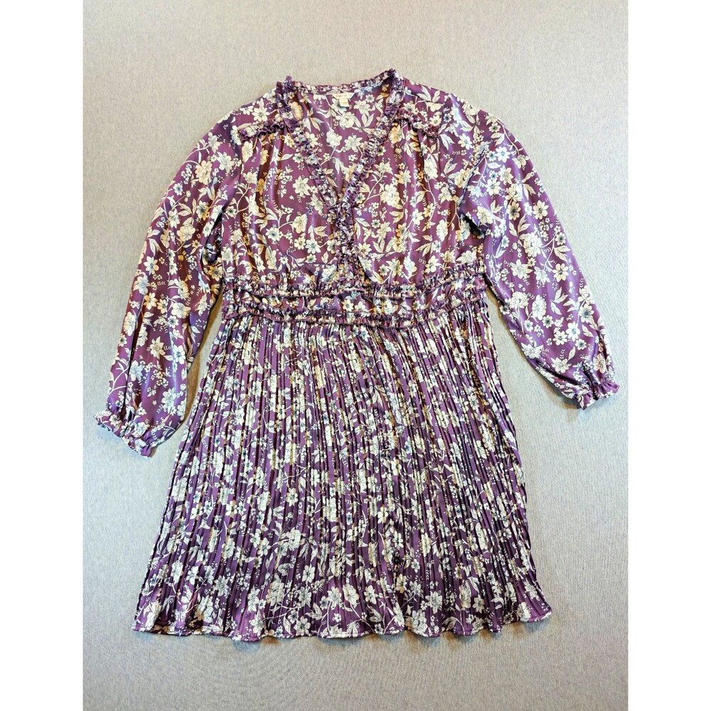 Cato Women's 3XS Purple White Floral Pleated Ruffle V-Neck Long Sleeve Dress